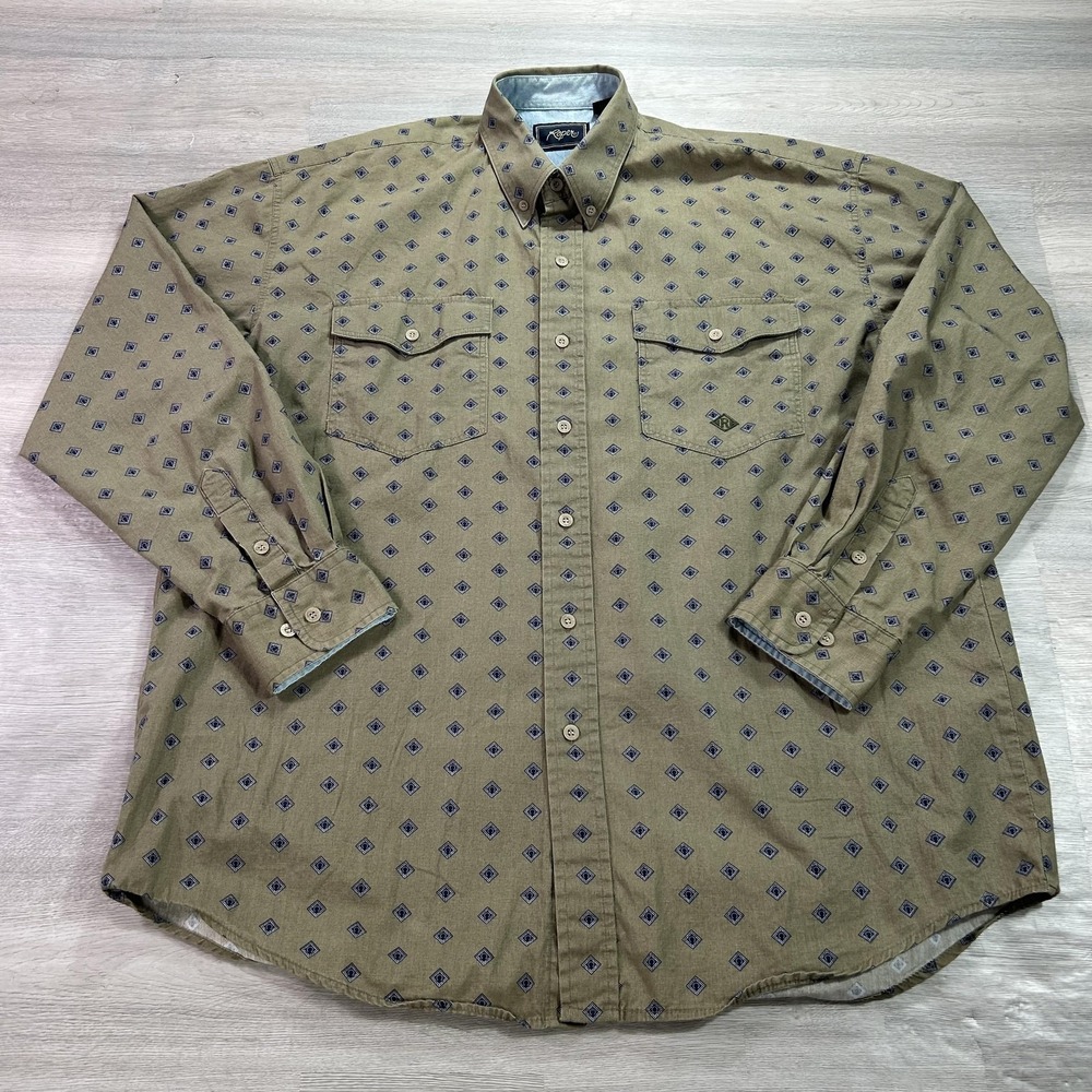 Roper‎ Shirt Mens Large Green Geometric Long Sleeve Western Button Up Cotton